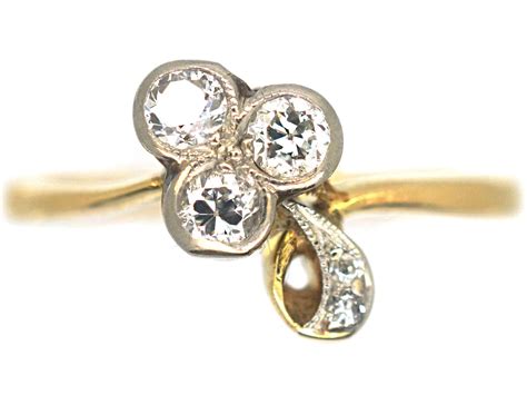 Edwardian 18ct Gold Platinum Three Leaf Clover Ring Set With Diamonds