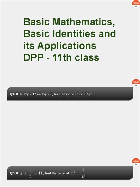 Basic Mathematics Basic Identities And Its Applications Dpp 11th Class Pdf