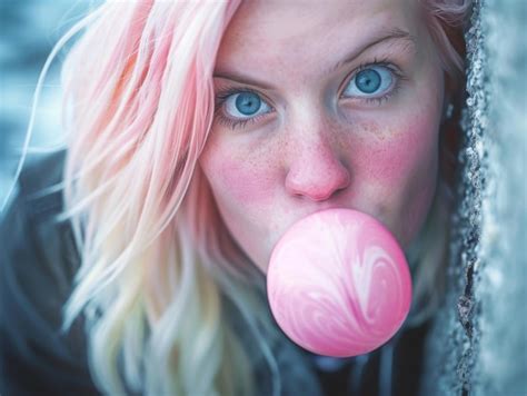 Beautiful Girl Blows A Big Bubble From Chewing Gum Detailed Face With Beautiful Face Waisthigh