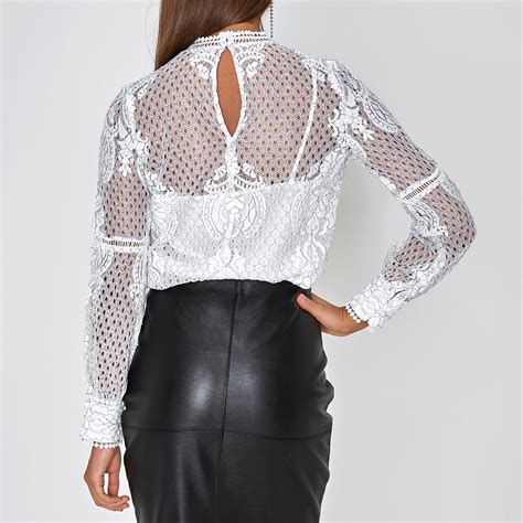 River Island White Lace High Neck Long Sleeve Top Lyst