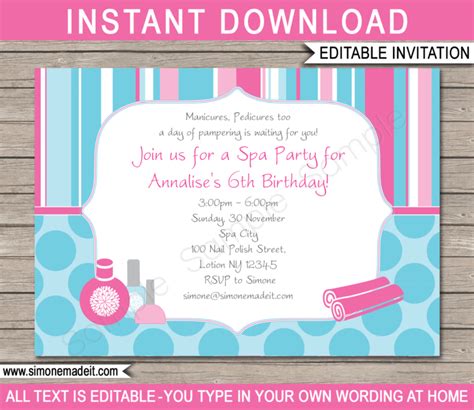 Printable Spa Birthday Party Invitations Template Diy Editable Invites