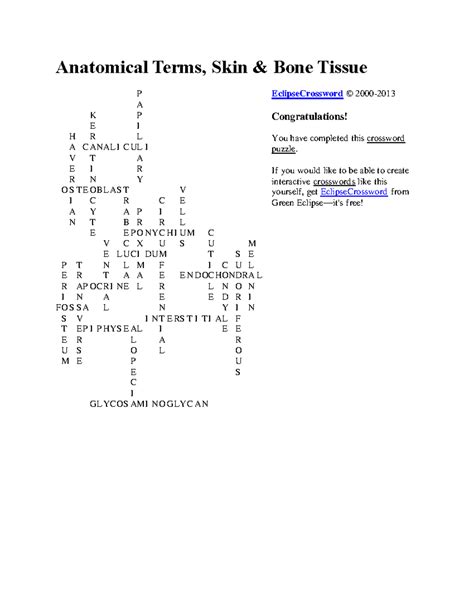 Crossword Puzzle 1 - Anatomical Terms, Skin & Bone Tissue P A K P E I H