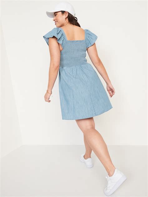 Fit Flare Flutter Sleeve Smocked Chambray Mini Dress Old Navy