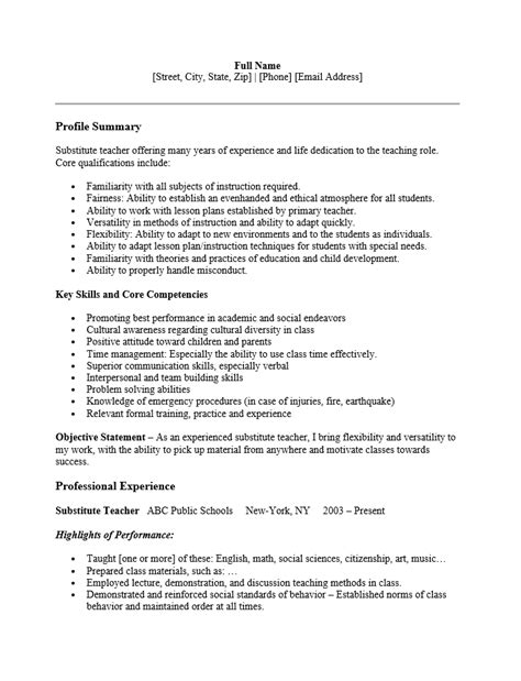 Substitute Teacher Resume Template Resume Templates