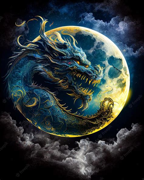 Premium Photo | A blue dragon with a moon in the background