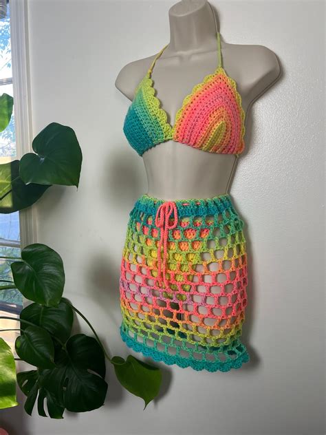 Neon Rainbow Crochet Summer Bikini Set With Cover Up Mesh Skirt Crochet Bra Top Crochet