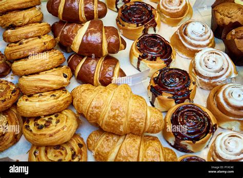 Fresh Baked Pastries Close Up On A Bakery Showcase Stock Photo Alamy