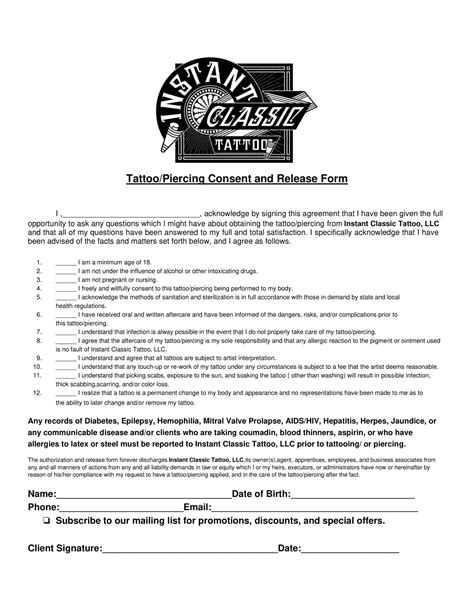 Free Printable Tattoo Consent Form Templates PDF Example