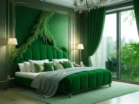 Premium Photo | Luxury 3d Green color Hotel bedroom and Amazing interior with a beautiful view