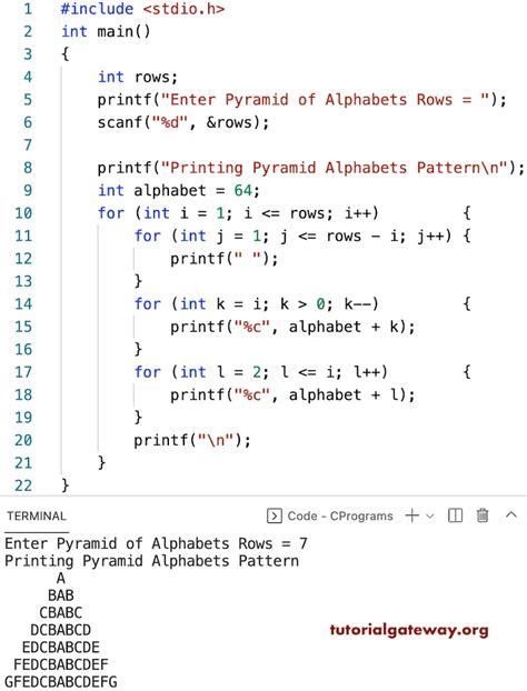 C Program To Print Pyramid Alphabets Pattern