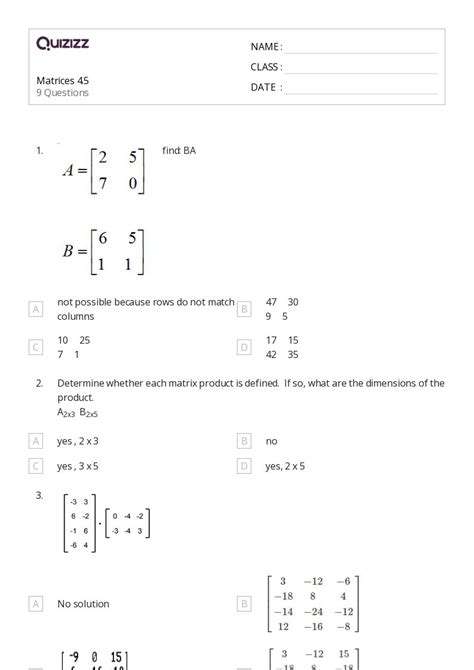 50 Matrices Worksheets On Quizizz Free Printable