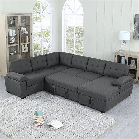 Latitude Run® Aine 118" Wide Fabric Sectional Sleeper Sofa (Pull-Out ...