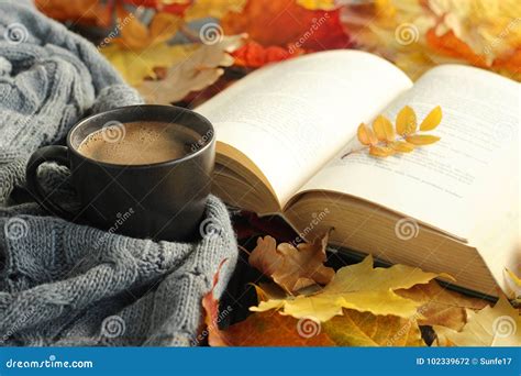 Folhas De Outono Xícara De Café E Livro Aberto Foto de Stock Imagem