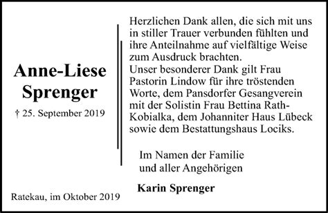 Traueranzeigen Von Anne Liese Sprenger Trauer Anzeigen De