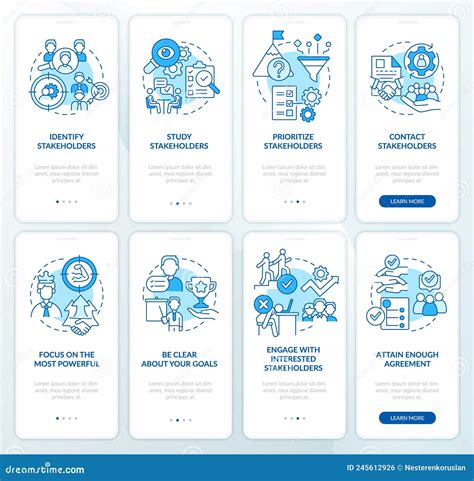 Stakeholder Management Analysis Blue Onboarding Mobile App Screen Set