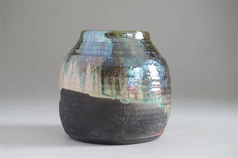 Raku Vase Crackle White And Luster Colors On Black Clay Body Etsy