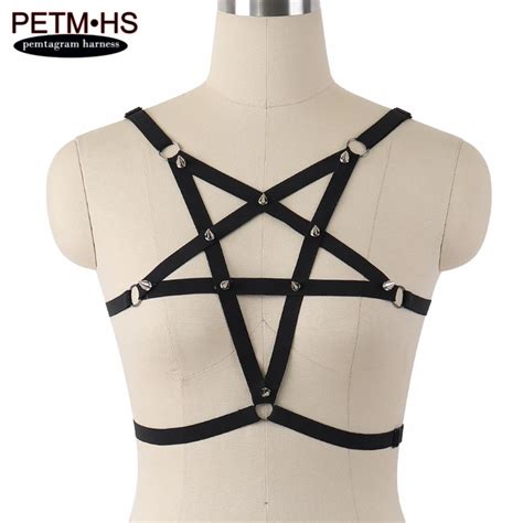 Spike Pentagram Harness Lingerie Black Elastic Strappy Tops Cage Hollow