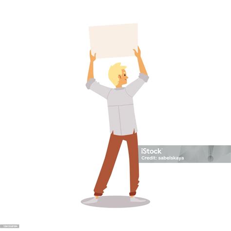 Man Standing Holding White Blank Banner Flat Vector Illustration