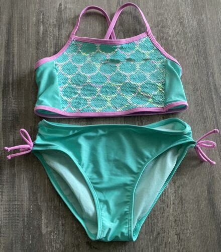 Cat Jack Girls Halter Swimsuit 2pc Sequin Top Bikini Set Aqua Pink