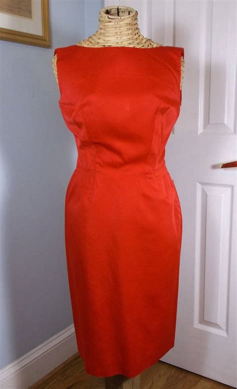 Vtg 50 S 60 S Red Cocktail Wiggle Dress With Embellished Train Dress