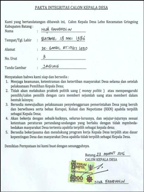 Contoh Surat Pernyataan Calon Perangkat Desa Surat Lamaran Kerja