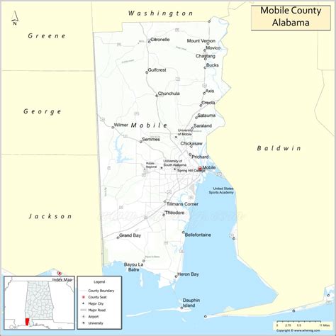 Map of Mobile County, Alabama showing cities, highways & important ...