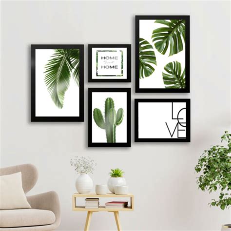 Kit 5 Quadros Decorativos Sala Quarto Moldura Folhagem Plantas