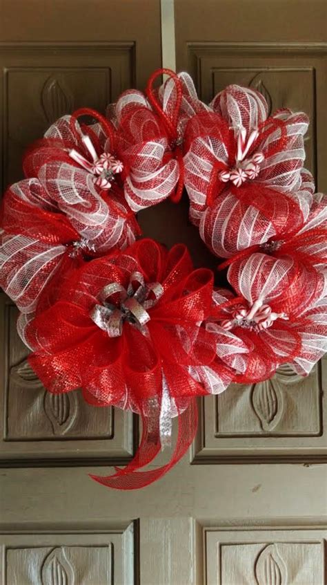 Red White And Silver Candy Cane Deco Mesh Wreath Deco Mesh Wreaths