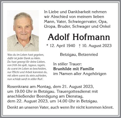 Traueranzeigen Von Adolf Hofmann Allg Uer Zeitung