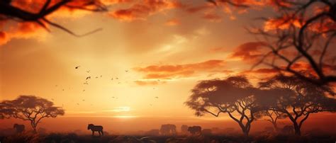 Premium AI Image | sunset with a herd of elephants in the distance and a flock of birds flying ...