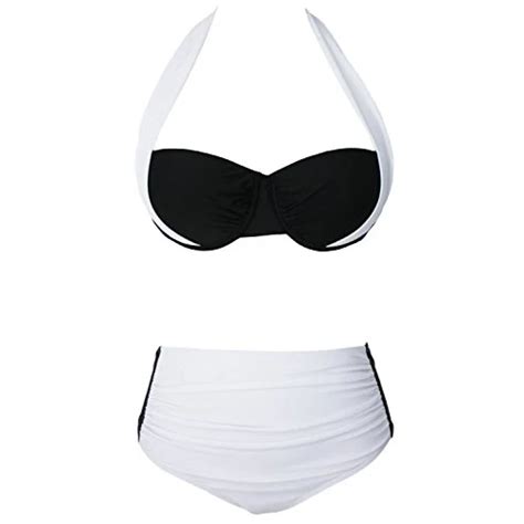 Womens Halter Neck Color Block Padded Push Up Bikini Set Swimsuit XX Large Size White In Bikinis