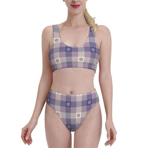 Adobk Purple Floral Gingham Check Plaid Print Women High Waisted Bikini