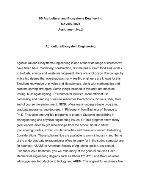 Bs Agricultural And Biosystems Engineering Assignment Agriculture