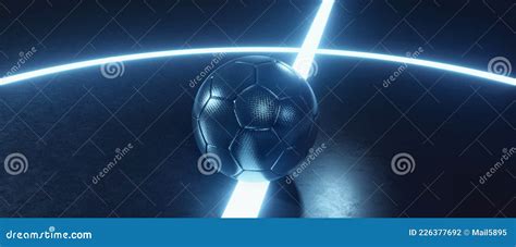 Blue Futsal Ball On Futuristic Glowing Light Beam In A Dark Black