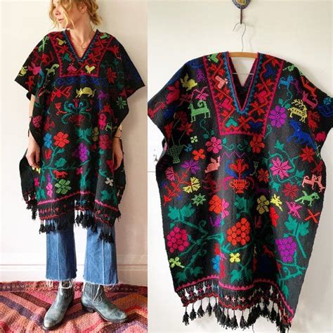 Vintage 60s Mexican Hand Embroidered Poncho Oaxaca Embroidered Cape