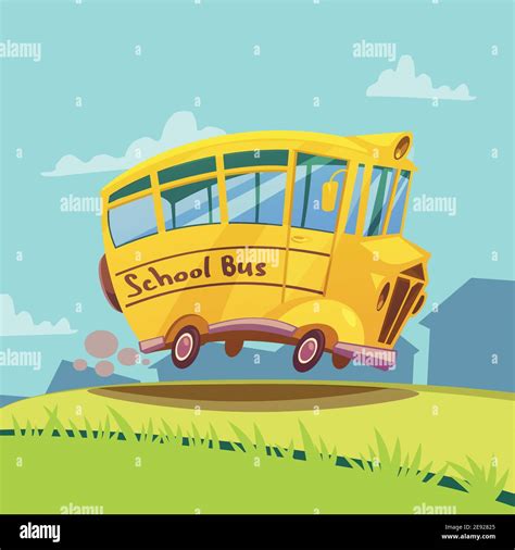 Cute retro yellow school bus on the road cartoon vector illustration Stock Vector Image & Art ...