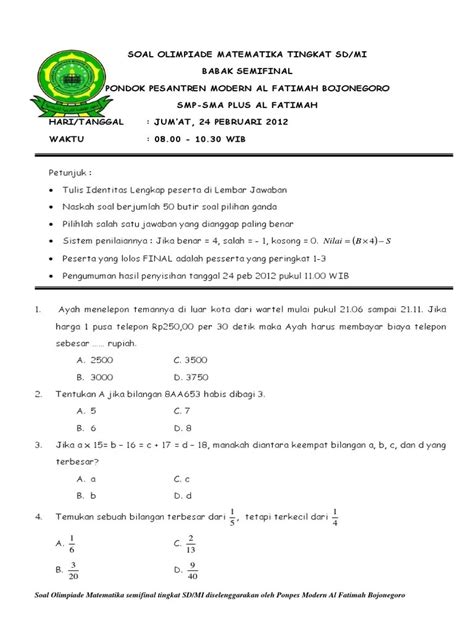 Soal Osn Matematika Sd Tingkat Kecamatan Dan Kunci Jawaban