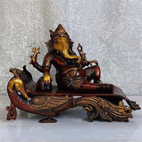 Buy Lord Ganesh Resting On Peacock Throne Idol In Pure Brass Lord