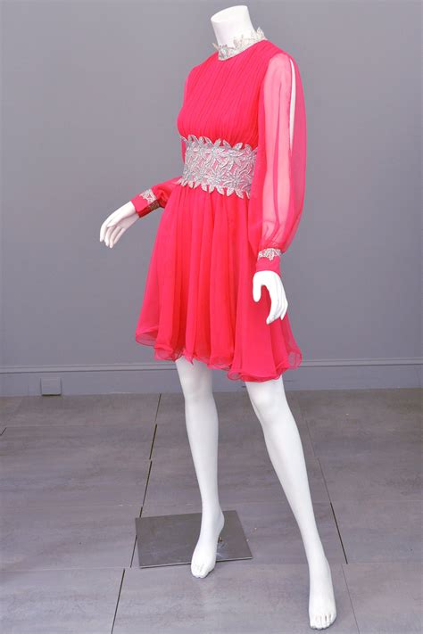 1960s Hot Pink Chiffon Party Dress with Silver Lamé Waistline | Disco