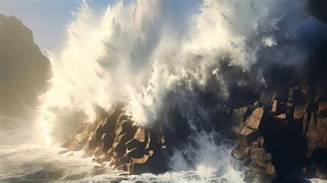 Premium AI Image Tsunami Waves Crashing Against Coastal Cliff With