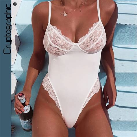 Cryptographic Sexy V Neck White Lace Bodysuit Hot Summer Body Women Patchwork Jumpsuit Sheer