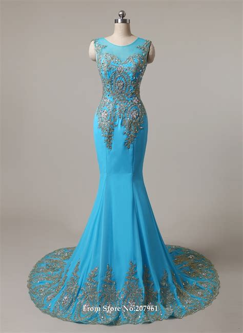 100 Real Stock Sexy Turquoise With Gold Appliques Long Prom Dresses