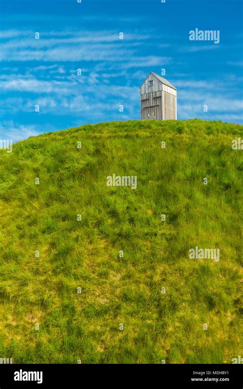 Thufa grassy dome with fish drying house on top is an art installation by Olof Nordal; Reykjavik ...