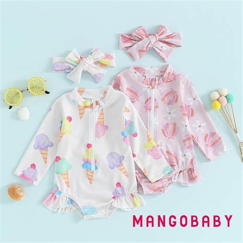Mg Baby Girls Bikini Beach Swimwear Floral Ice Cream Print Long Sleeve Zip Up Bathing Suit