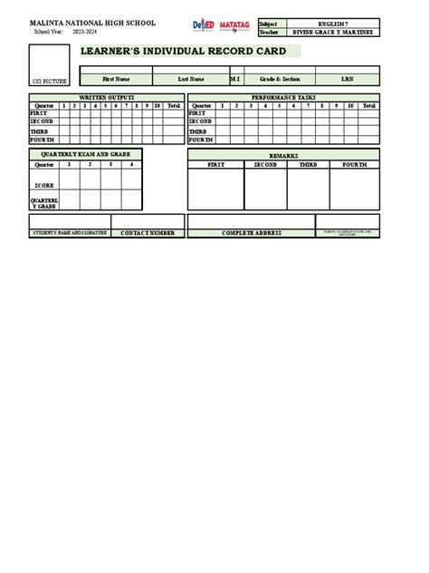 Learners Individual Record Card Excel Pdf