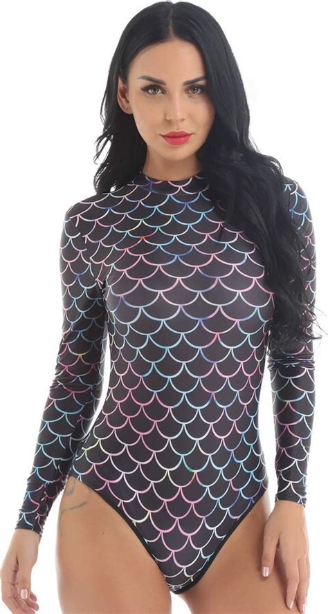 Yeahdor Women S Long Sleeve Swimwear Mermaid Scale Print Swimsuit High