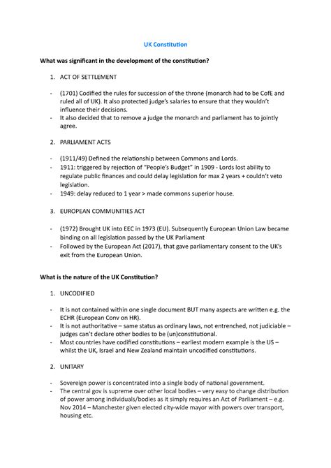 Uk Constitution Summary Of A Level Politics Complete With Essay Plans