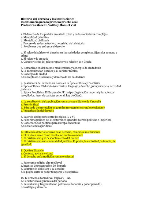 Cuestionario Historia Del Derecho Historia Del Derecho Y Las