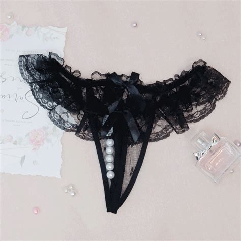 Sexy Open Crotch Lace Pearl Decor Transparent No Detachable Thong