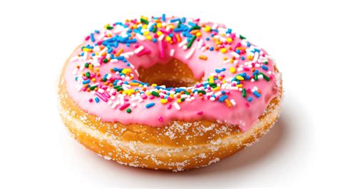 Donut With Pink Icing And Multicolored Sugar Sprinkles On White